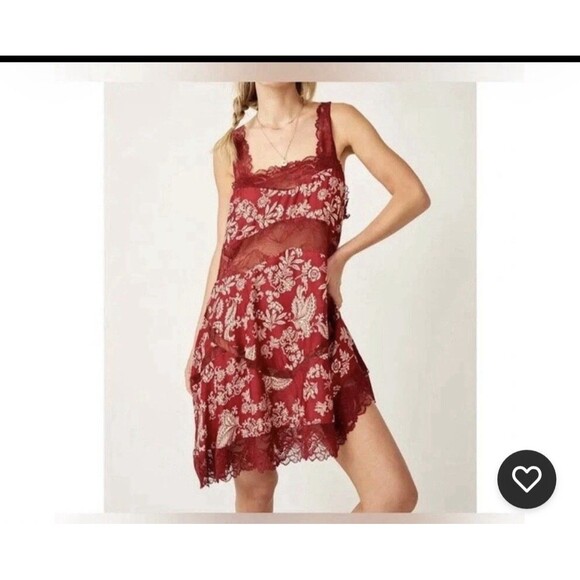 Intimately Free People All Nighter Trapeze Slip Dress Lace Sheer Red Med/large - Picture 9 of 9